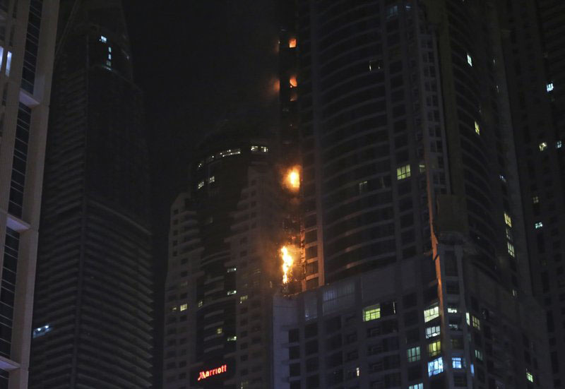 Smoke and fire rise from a high rise building at Marina district in Dubai, United Arab Emirates, on Friday, August 4, 2017. Photo: AP
