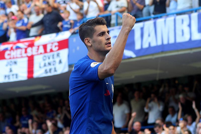 Chelseau2019s Alvaro Morata celebrates scoring their second goal in the Premier League match between Chelsea and Everton, in London, Britain, on Sunday, August 27, 2017. Photo: Reuters