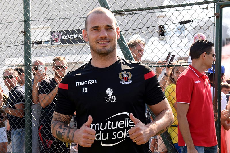 First training for Wesley Sneijder as new player of OGC Nice team footbal soccer in Nice, France, on August 7, 2017. Photo: Reuters