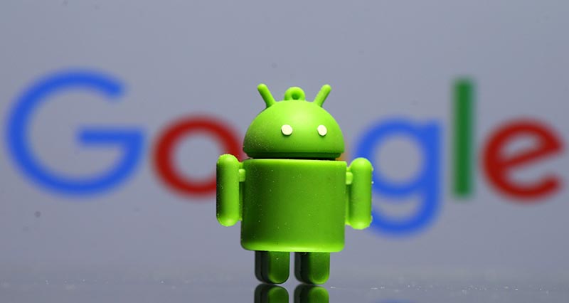 A 3D printed Android mascot Bugdroid is seen in front of a Google logo in this illustration taken July 9, 2017. Photo: Reuters