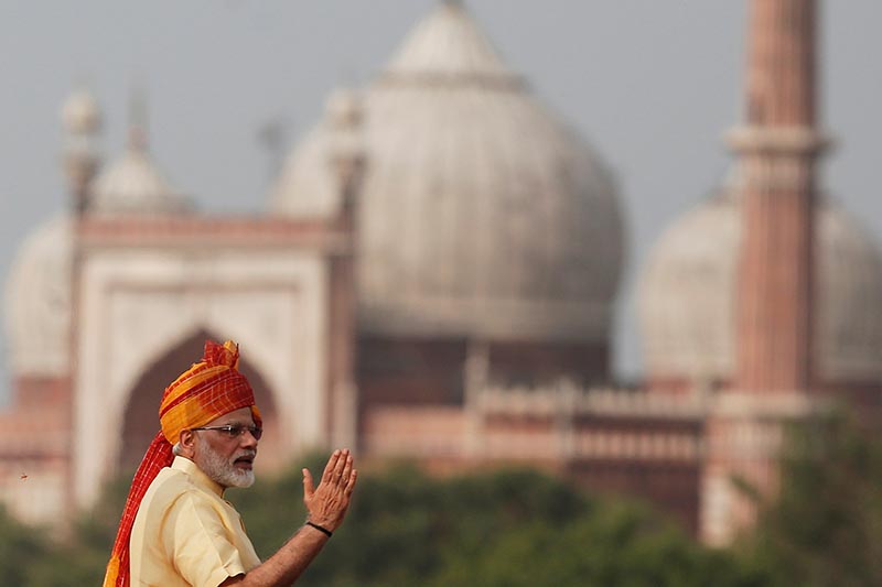 Indian Prime Minister Narendra Modi gestures as he addresses the nation from the historic Red Fort during Independence Day celebrations in Delhi, India, on August 15, 2017. Photo: Reuters