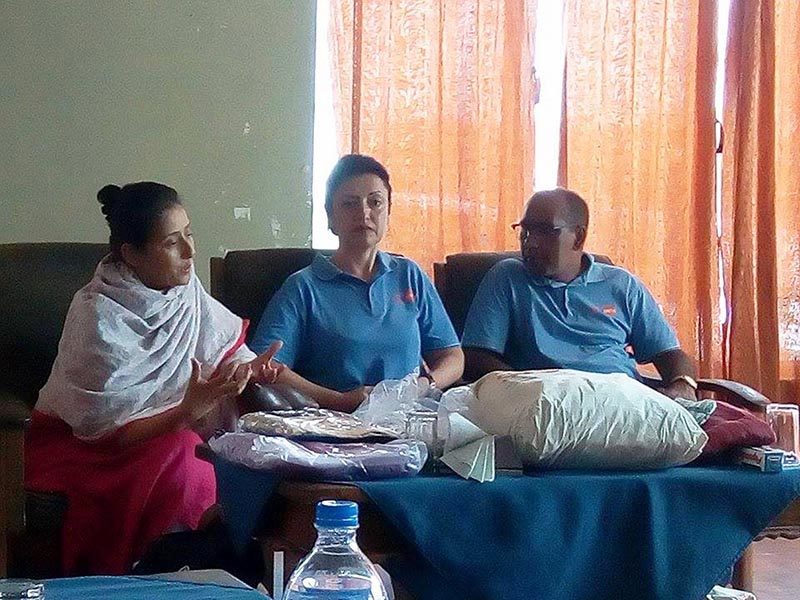 Nepali-born Bollywood actress Manisha Koirala (left) speaking at a press meet while visiting flood-hit areas in Rautahat, on Wednesday, August 23, 2017. Photo: THt