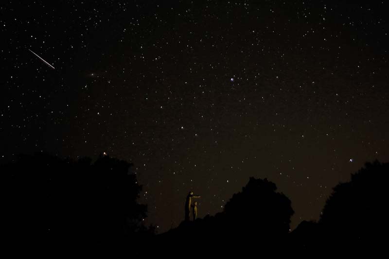 A meteor streaks past stars in the night sky over the statues of a man and a boy, a monument dedicated to forest rangers, during the annual Perseid meteor shower at the Sierra de las Nieves  nature park and biosphere reserve between El Burgo and Ronda, near Malaga, Spain August 13, 2017. Photo: Reuters