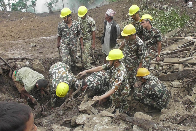 Nepal Army personnel carrying out rescue operation in landslide hit area in Panchthar district, on Sunday, August 13, 2017. Photo: Laxmi Gautam