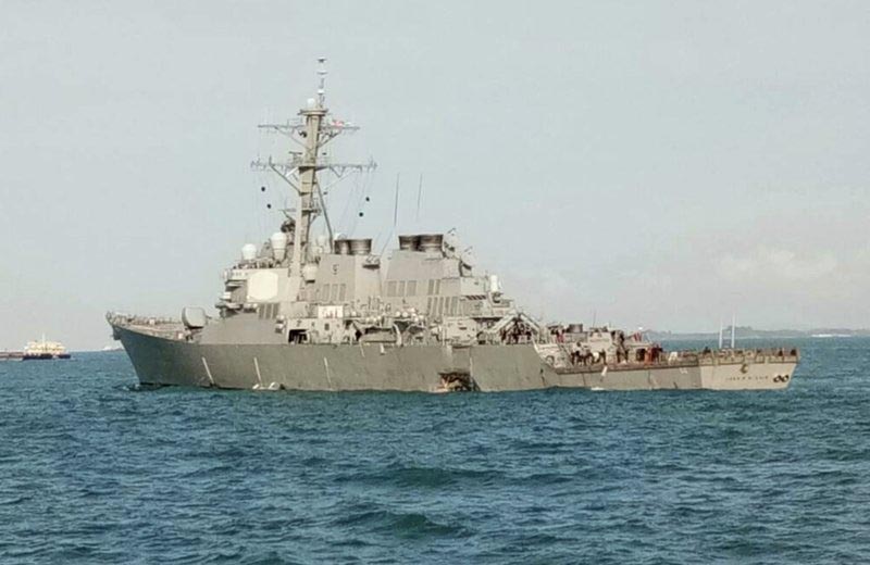 The Royal Malaysian Navy, the US guided-missile destroyer USS John S McCain is seen after a collision, off Johor, Malaysia, on Monday, August 21, 2017. Photo: AP