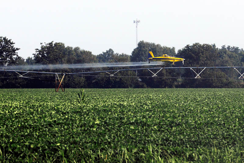 A crop duster sprays a field in Charleston, Missouri, US, August 20, 2017. Photo: Reuters