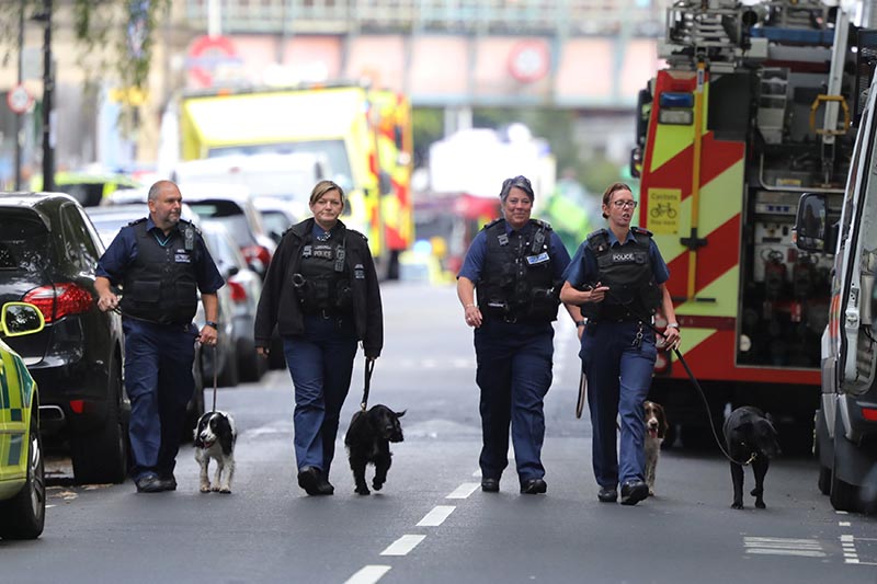 Police officers walk with dogs after an incident at Parsons Green underground station in London, Britain, on September 15, 2017. Photo: Reuters