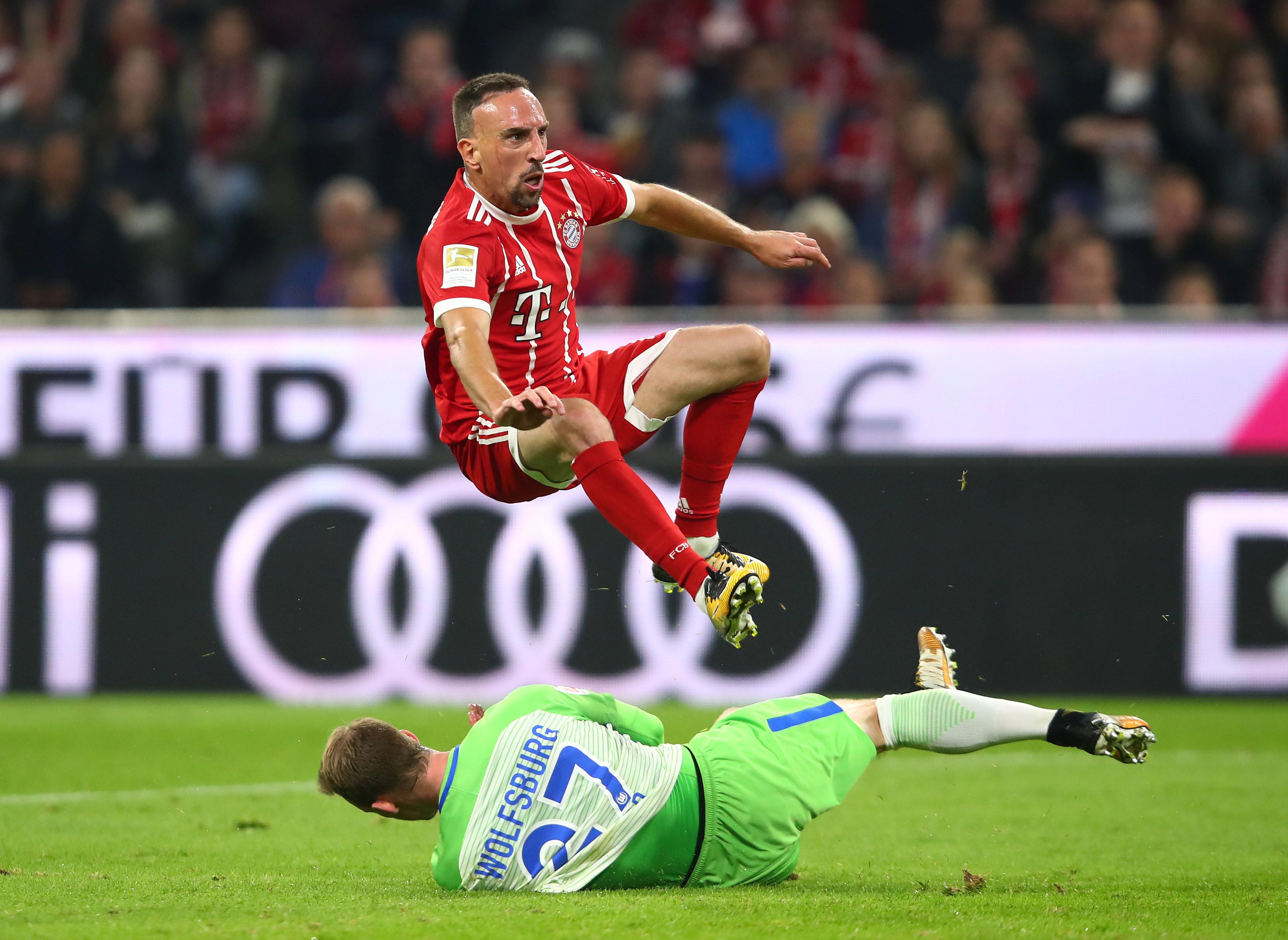 Bayern Munich's Franck Ribery in action with Wolfsburg's Maximilian Arnold during the Bundesliga match between FC Bayern Munich and VfL Wolfsburg, at Allianz Arena, in Munich, Germany, on September 22, 2017. Photo: Reuters