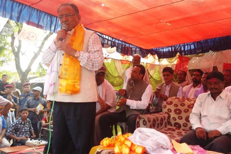 CPN-Maoist Centre Chairperson Pushpa Kamal Dahal addressing an election rally in Mirchaiya Municipality, Siraha, on Wednesday, September 13, 2017. Photo: THT