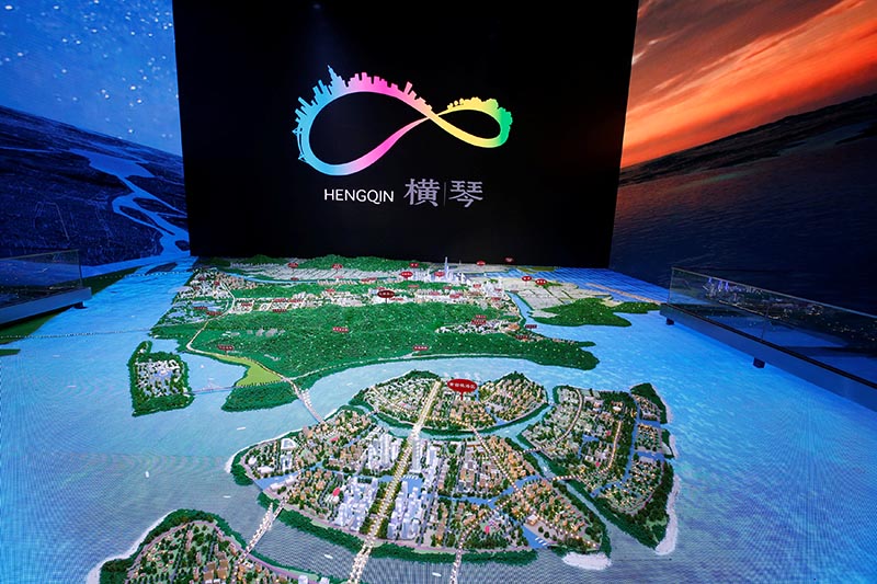 A layout of Hengqin Island under development is displayed inside a Government showroom at Hengqin Island adjacent to Macau, China, on September 13, 2017. Photo: Reuters