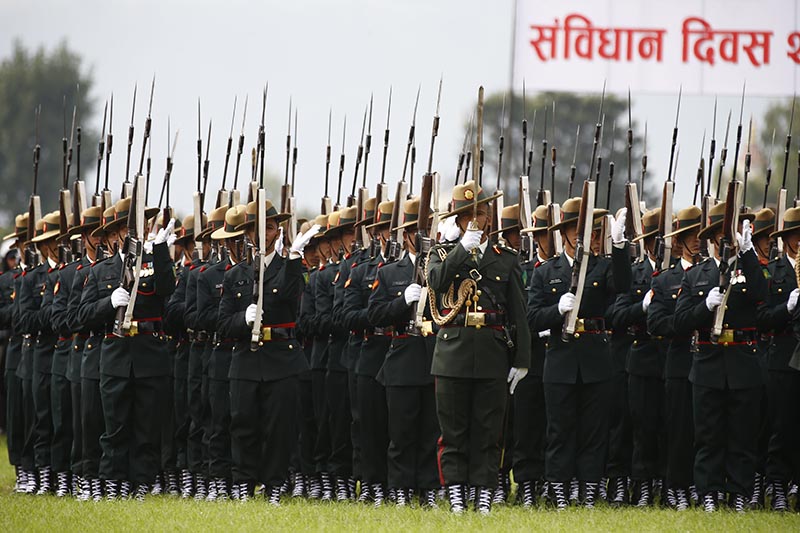 Nepal Army soldiers demonstrate during celebration held to mark Nepal’s Constitution Day at the Army Pavilion in Kathmandu, Nepal on Tuesday, September 19, 2017. Photo: Skanda Gautam