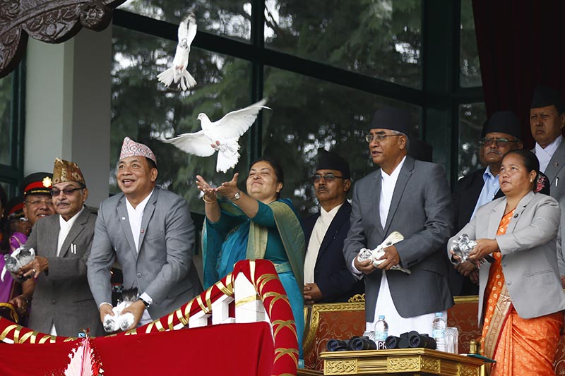 President Bidya Devi Bhandari (centre), Vice President Nanda Bahadur Pun,  Prime Minister Sher Bahadur Deuba and Speaker Onsari Gharti release pigeons as a symbol of peace, wishing for peace and stability in the country, to mark the Constitution day, at the Nepal Army Pavilion, on Tuesday, September 19, 2017. Photo: Skanda Gautam