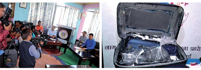 DIG Thule Rai informing media about cocaine seizure; a suitcase containing cocaine, in Kathmandu, on Sunday, September 24, 2017. Photo: THT/RSS