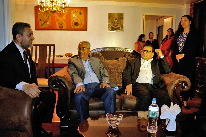Prime Minister Sher Bahadur Deuba along with Deputy Prime Minister and Minister for Foreign Affairs Krishna Bahadur Mahara attend a dinner party osted by Nepal's Permanent Representative to UN Durga Prasad Bhattarai, in New York, US. Photo: RSS
