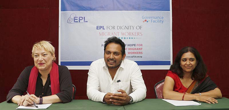 EPL President Aamir Akhtar speaks as GF Programme Head Caroline Vandenabeele and Deputy Shalini Tripathi (right) look on during a press meet in Kathmandu on Wednesday, September 20, 2017. Photo: THT