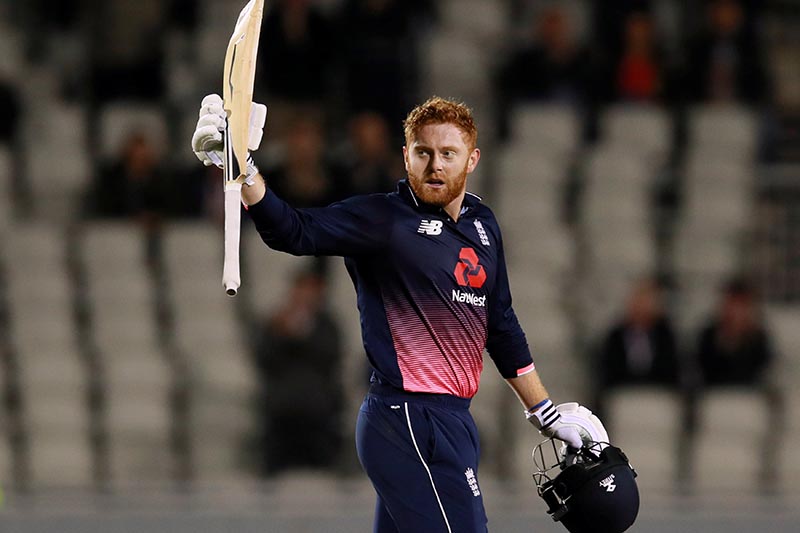 England's Jonny Bairstow celebrates his century during the First One Day International match between England and West Indies, at Emirates Old Trafford, in Manchester, Britain, on September 19, 2017. Photo: Action Images via Reuters
