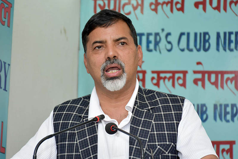 Minister for Home Affairs Janardan Sharma speaks at an interaction programme in Kathmandu, on Saturday, September 16, 2017. Courtesy: Reporters Club