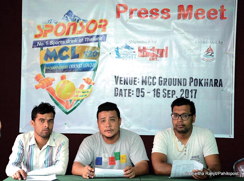 Managing Director o Khukuri Ent, Binayak Bikram Thapa (centre) speaks as other officials look on during a press meet in Kathmandu, on Friday. Photo: THT