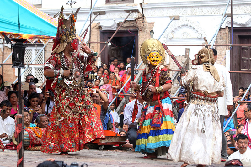 Artists clad in traditional attires perform Nardevi Naach in Hanuman Dhoka, Kathmandu, on Saturday, September 16, 2017. Photo: RSS