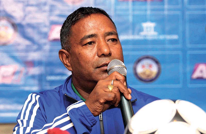 Nepal U-16 football team coach Sunil Kumar Shrestha speaks during a press meet in Kathmandu, on Tuesday. Photo: THT