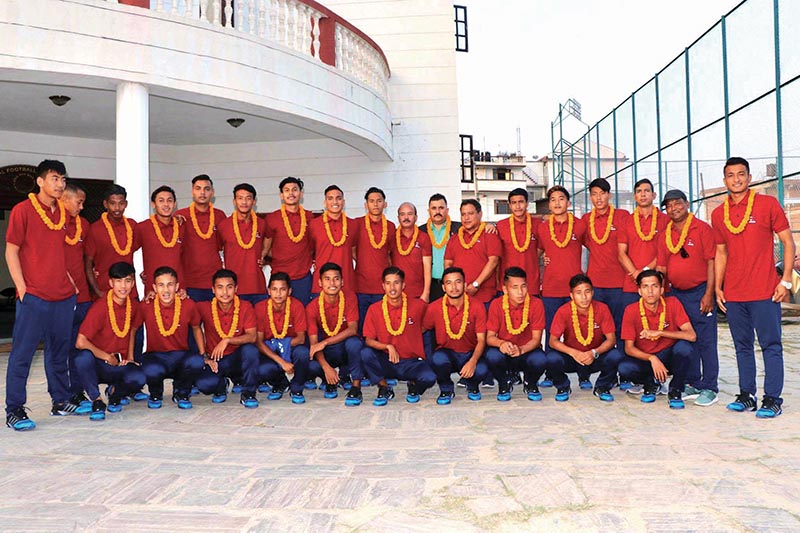 Nepal youth team players and officials after a farewell programme in Lalitpur on Friday, on the eve of their departure to Bhutan for SAFF U-18 Championship. Photo Courtesy: ANFA