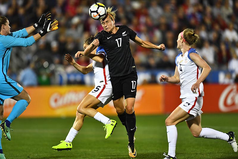 New Zealand forward Hannah Wilkinson (17) heads in a score past United States goalkeeper Alyssa Naeher (1) as defender Kelly O'Hara (5) and defender Becky Sauerbrunn (4) in the second half of the match at Dick's Sporting Goods Park, in Commerce City, CO, USA, on September 15, 2017. Photo: Ron Chenoy-USA TODAY Sports via Reuters