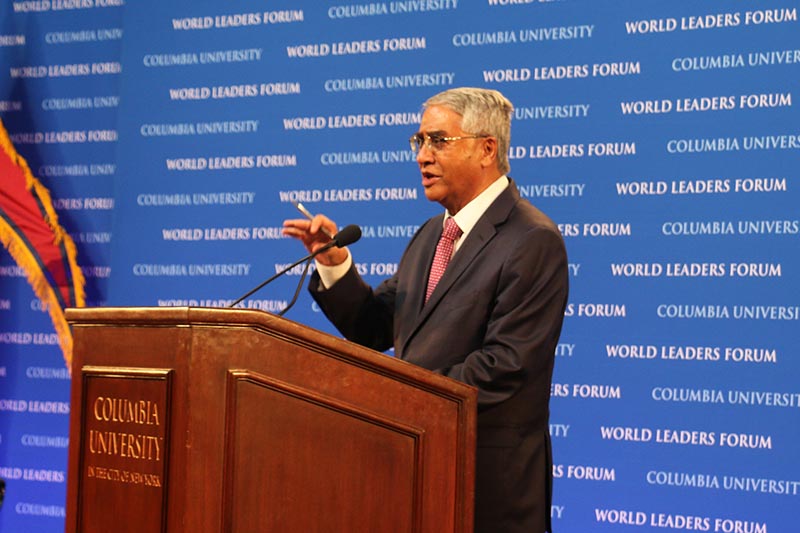 Prime Minister Sher Bahadur Deuba addresses the World Leaders Forum, organised at Columbia University in New York, USA, on Thursday, September 21, 2017. PM Deuba is in New York to attend the 72nd United Nations General Assembly. Photo: RSS