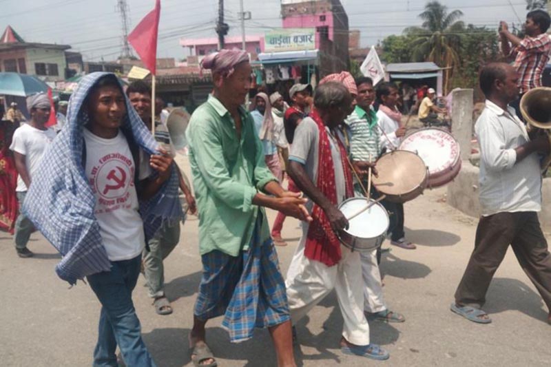 CPN Maoist Centre leaders along with a musical band heading to the election office to file their nominations, in Siraha, on Wednesday, September 6, 2017. Photo: THT