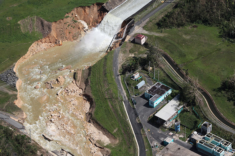 An aerial view shows the damage to the Guajataca dam in the aftermath of Hurricane Maria, in Quebradillas, Puerto Rico, on September 23, 2017. Photo: Reuters