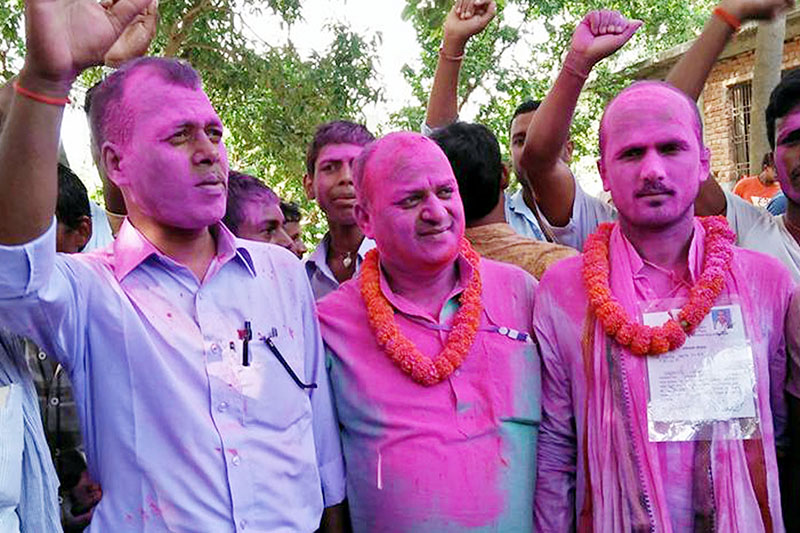 RJPN leader celebrate after winning the ward chairman of Bahadaramai Municipality-1 in Parsa district, on Wednesday, September 20, 2017. Photo: Ram Sarraf