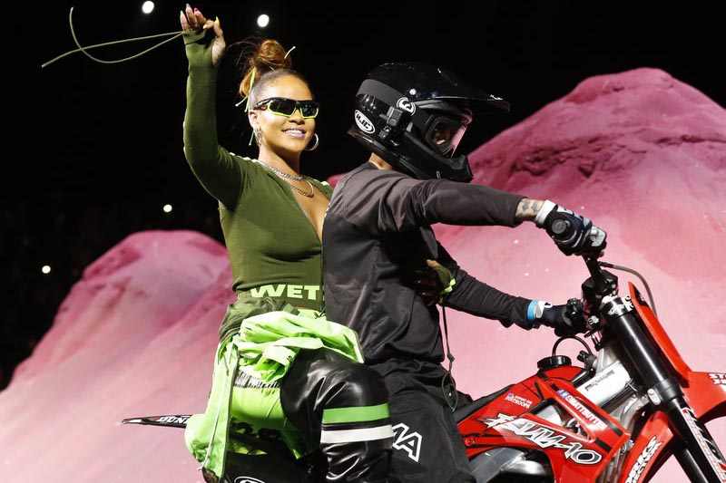 Rihanna rides on a motorcycle after showing her fashion collection from Fenty Puma by Rihanna during Fashion Week, on Sunday, September 10, 2017, in New York. Photo: AP