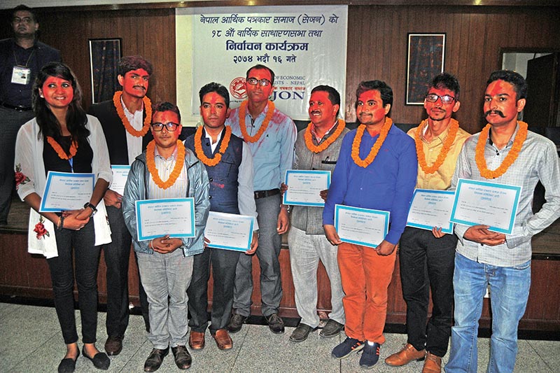 Newly elected members of SEJON posing for a photograph after the elections, in Kathmandu, on Friday. Photo: THT