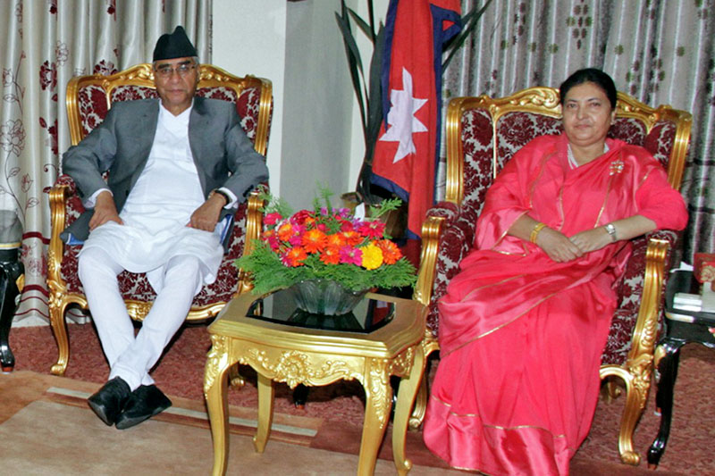 PM Sher Bahadur Deuba meets President Bidya Devi Bhandari, at Sheetal Niwas, in Kathmandu, on Tuesday, September 5, 2017. Photo: RSS