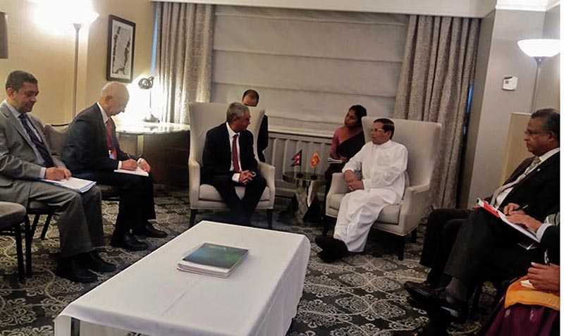 Prime Minister Sher Bahadur Deuba and Sri Lankan President Maithripala Sirisena holding a meeting on the sideline of 72nd United Nations General Assembly, in New York, US, on Thursday September 21, 2017. Photo: RSS