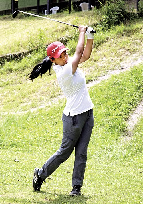Top woman golfer Pratima Sherpa plays a shot during the second round of the Surya Nepal Golf Tour NPGA Qualifying School in Kathmandu on Thursday. Photo: THT