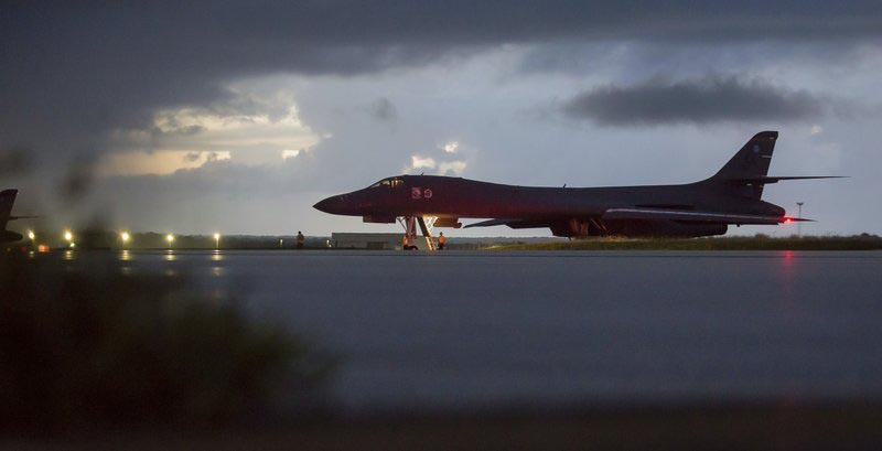 In this image provided by the US Air Force, a US Air Force B-1B Lancer, assigned to the 37th Expeditionary Bomb Squadron, deployed from Ellsworth Air Force Base, SD, prepares to take off from Andersen AFB, Guam, on Saturday, September 23, 2017. Photo: AP