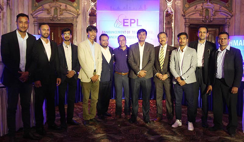 The six city-based franchise teamsu2019 owners and marquee players pose for a group photo at a programme in Kathmandu on Friday, September 8, 2017. Photo: Udipt Singh Chhetry/THT
