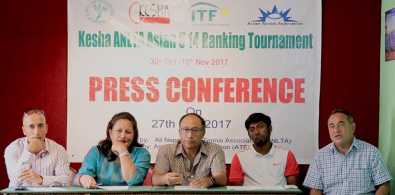 All Nepal Lawn Tennis Association officials attend a press meet of Kesha Group ANLTA U-14 Ranking Tournament in Kathmandu on Friday, October 27, 2017. Photo: THT