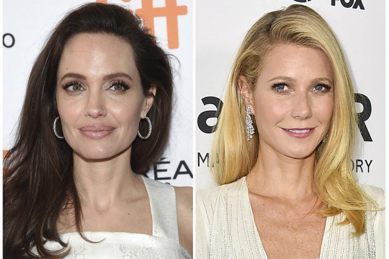 This combination photo shows actresses Angelina Jolie at a premiere for u201cThe Breadwinneru201d at the Toronto International Film Festival, on September 10, 2017 (left), and Gwyneth Paltrow arrives at the amfAR Inspiration Gala in Los Angeles, on October 29, 2015. Photo: AP