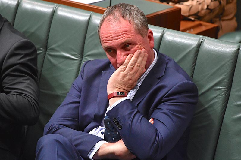 Australian Deputy Prime Minister Barnaby Joyce reacts as he sits in the House of Representatives at Parliament House in Canberra, Australia, on October 25, 2017.  photo: AAP/Mick Tsikas/via Reuters