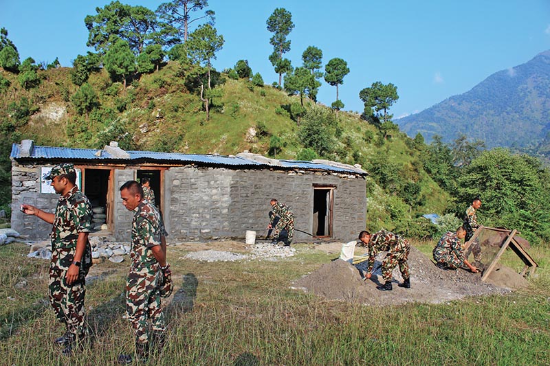 Nepal Army personnel constructing a school building in Badimalika Municipality, Bajura, on Sunday, October 8, 2017. Photo: THT