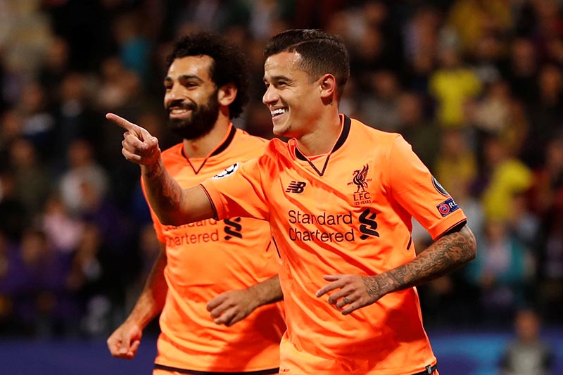 Liverpool's Philippe Coutinho celebrates scoring their second goal with Mohamed Salah during the Champions League match between Maribor and Liverpool, in Ljudski Vrt, Maribor, Slovenia, on October17, 2017. Photo: Action Images via Reuters
