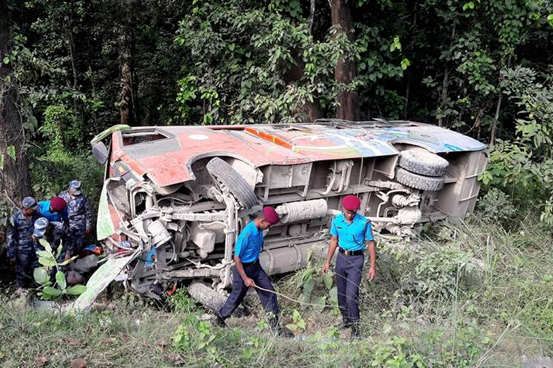An image of the bus wreckage after the automobile collided with a tipper in Chitwan, on Sunday, October 29, 2017. Photo: Tilak Rimal