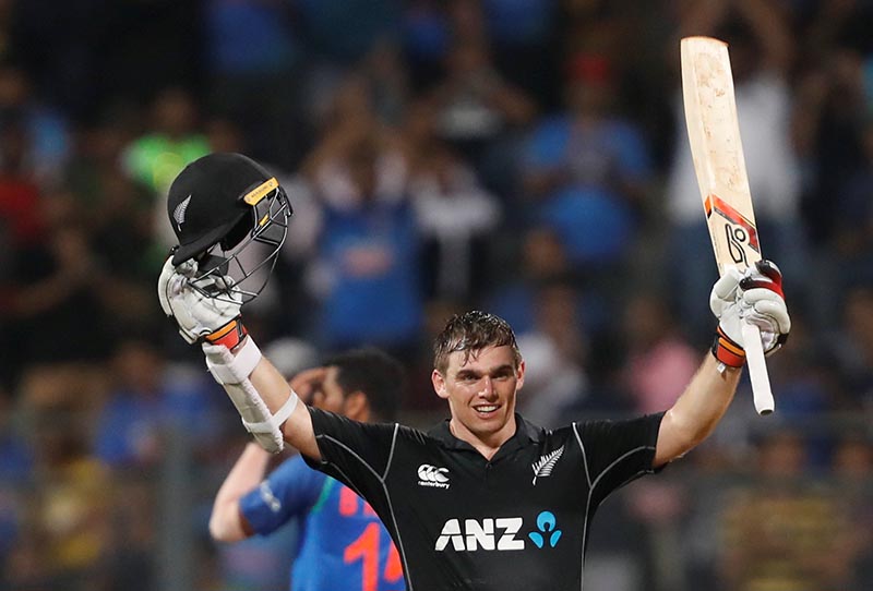 New Zealand's Tom Latham celebrates his century during the First One Day Internaional match between India and New Zealand, in Mumbai, India, on October 22, 2017. Photo: Reuters