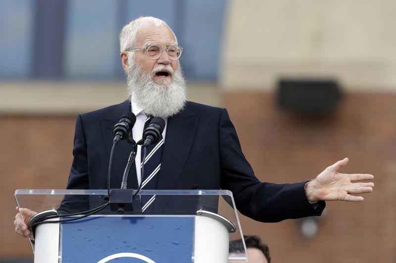 David Letterman speaks during the unveiling of a Peyton Manning statue outside of Lucas Oil Stadium, in Indianapolis, Saturday, October 7, 2017. Photo: AP