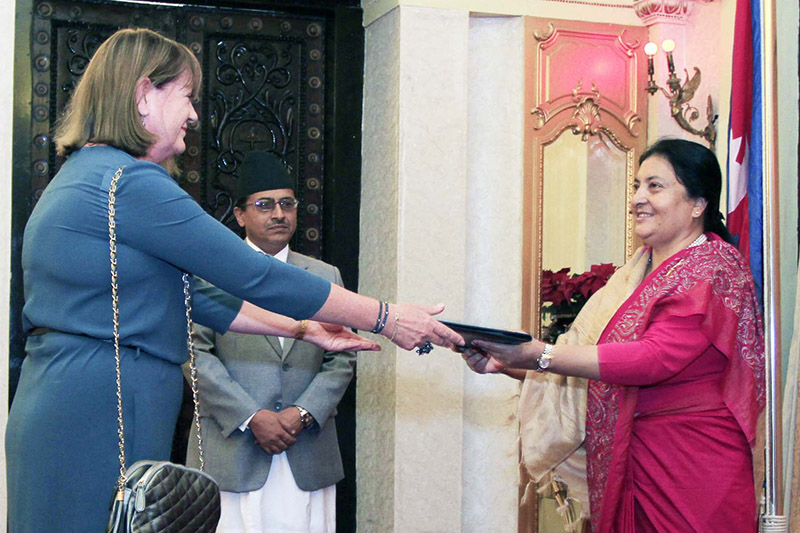 Newly appointed EU ambassador to Nepal Veronica Cody submits her letter of credence to President Bidya Devi Bhandari, at Sheetal Niwas, in Kathmandu, on Monday, October 23, 2017. Courtesy: President's Office
