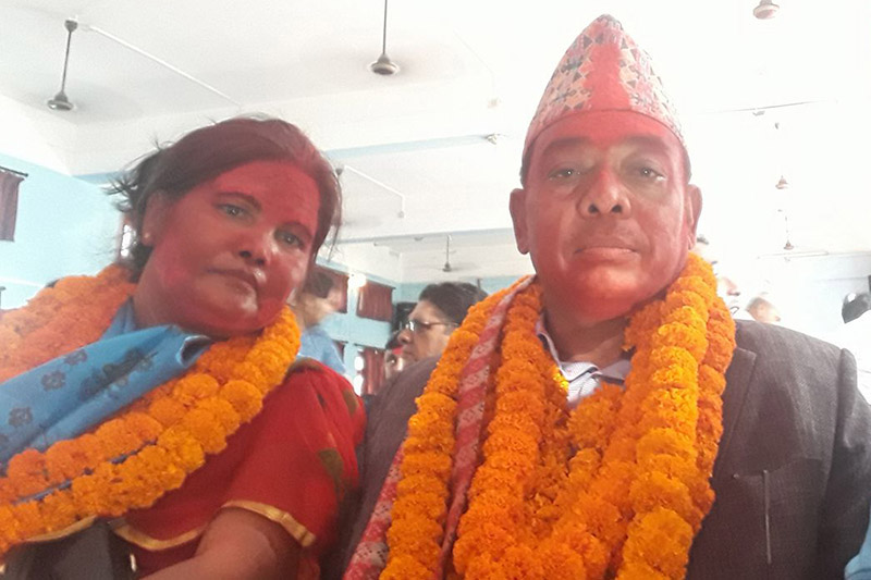 Newly elected Chief of Chitwan District Coordination Committee Krishna Kumar Dallakoti (right) and Vice-Chief Muna Shrestha. Photo: Tilak Ram Rimal