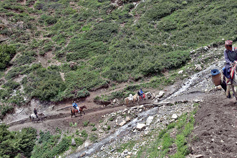 Tourists on horse ride heading to Tilicho Lake in Manang dirtrict from Jomsom along newly opened short trekking trail by Annapurna Conservation Area in Mustang district, on Wednesday, October 11, 2017. Photo: RSS