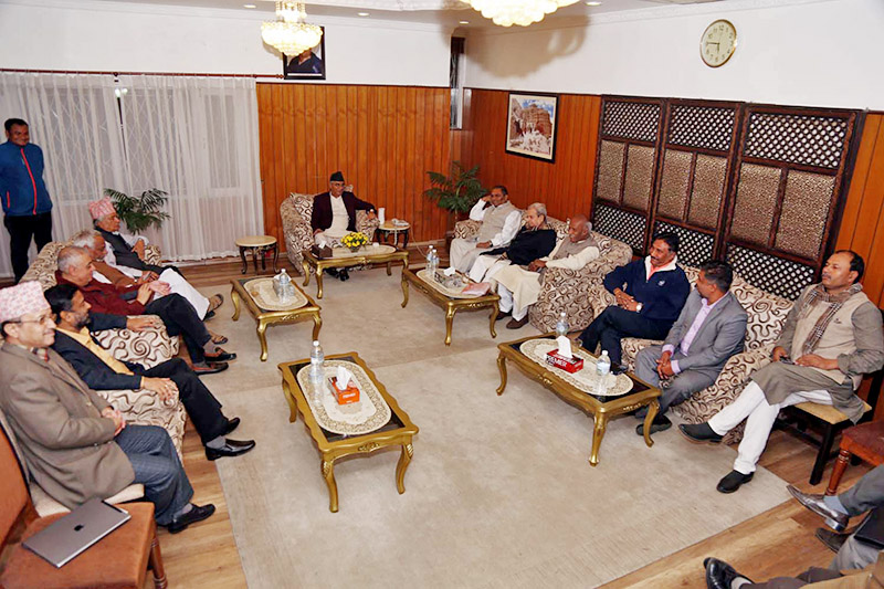 PM Sher Bahadur Deuba along with other NC leaders holding talk with Rastriya Janata Party Nepal leaders at PM's Official residence in Baluwater, Kathmandu, on Tuesday, October 31, 2017. Photo: RSS