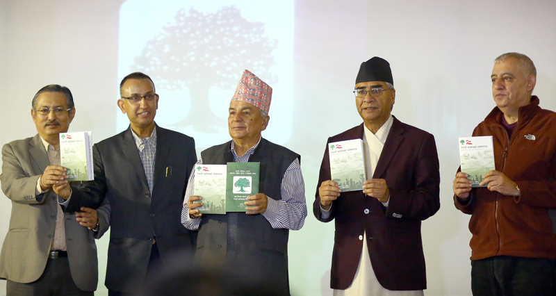 Nepali Congress leaders including the party President Sher Bahadur Deuba, Ram Chandra Paudel, Shashank Koirala among others make public manifesto for the upcoming elections at the party's central office in Sanepa, on Tuesday, October 31, 2017. Photo: Rajesh Gurung